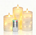 3 Pack Ivory Real Wax Flameless Taper Candles, Lifelike Flickering LED Flame Candles with Surrounding Copper String Lights, Soft Warm Battery Candles with Remote for Home Wedding Holiday Decor